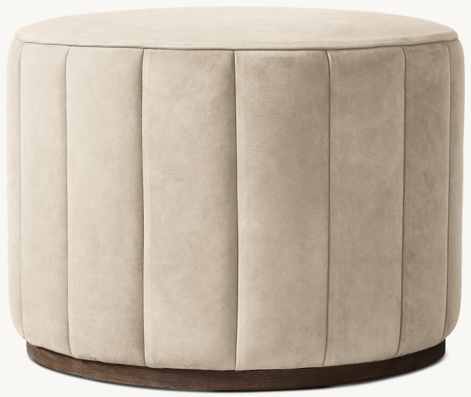 Rex Channel-Tufted Round Leather Ottoman - Oak Base