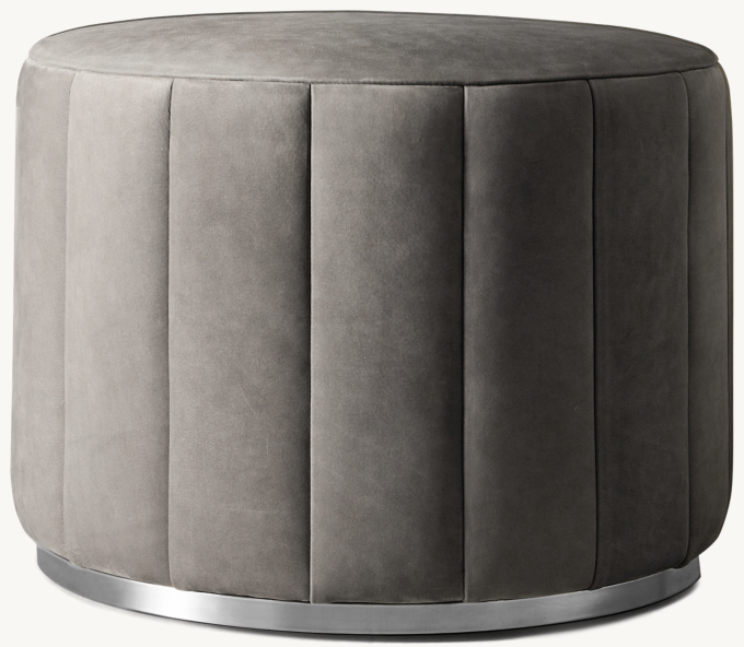 Rex Channel-Tufted Round Leather Ottoman - Metal Base