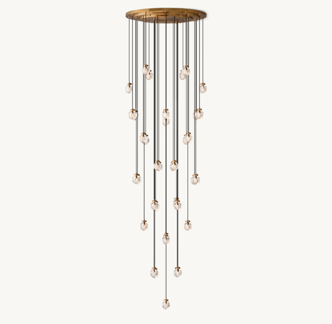 Shown in Vintage Brass with long cord length set for 20&#39; ceiling height.