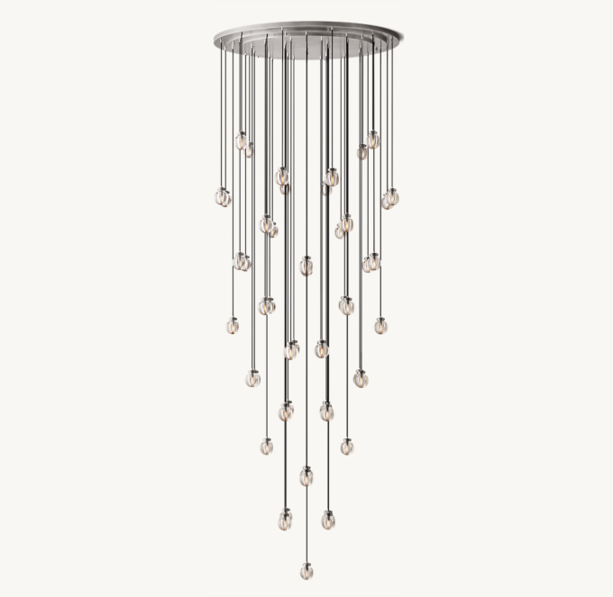 Shown in Satin Nickel with long cord length set for 20&#39; ceiling height.