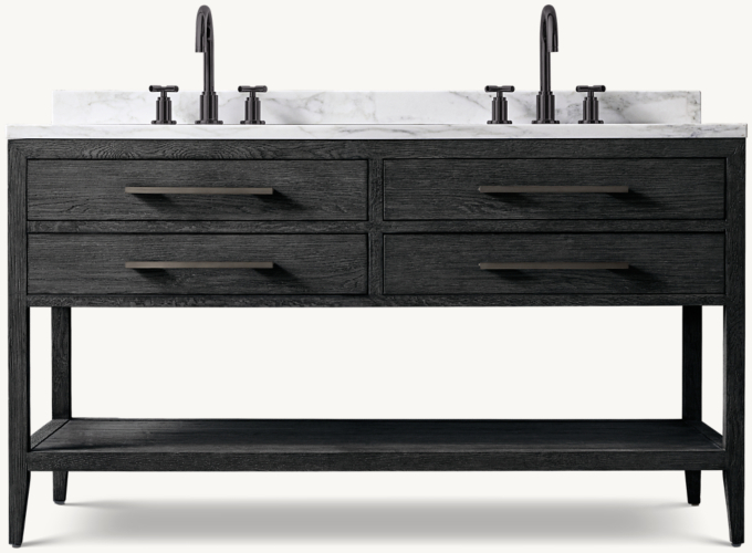 152cm washstand shown in Black Oak/Satin Bronze with Italian Calacatta Marble countertop.