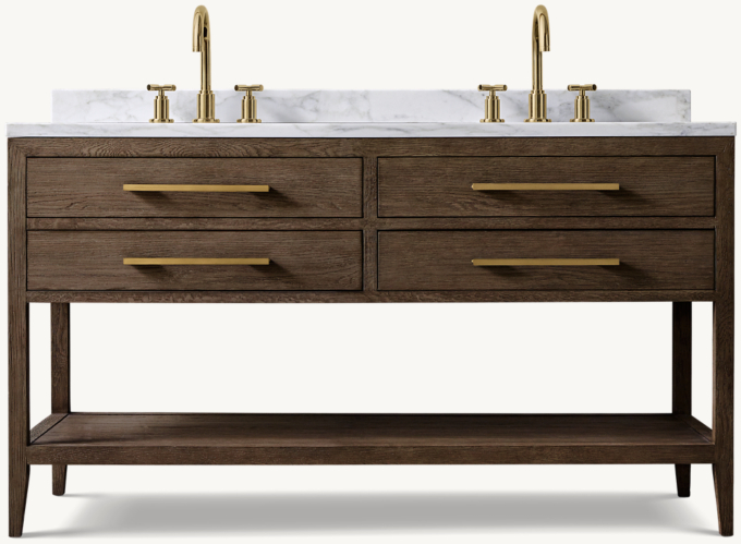 60&#34; washstand shown in Brown Oak/Satin Brass with Italian Calacatta Marble countertop. Featured with Lambeth Smooth Cross-Handle 8&#34; Widespread Faucet.