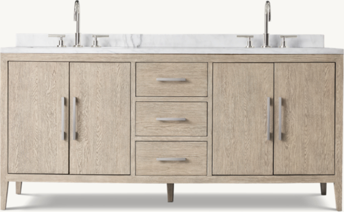 72&#34; vanity shown in Whitewashed Oak/Light Pewter with Italian Carrara Marble countertop. Featured with Sutton Lever-Handle 8&#34; Widespread Faucet.