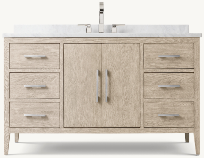 Shown in Brushed Light Oak/Brushed Light Pewter with Italian Calacatta Marble countertop. Featured with Modern Lever-Handle 8&#34; Widespread Faucet.