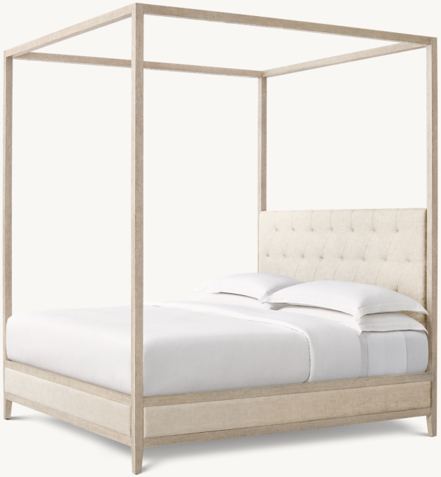 French Contemporary Fabric Diamond-Tufted Panel Canopy Bed
