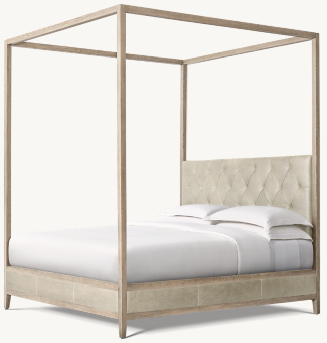 French Contemporary Leather Diamond-Tufted Panel Canopy Bed