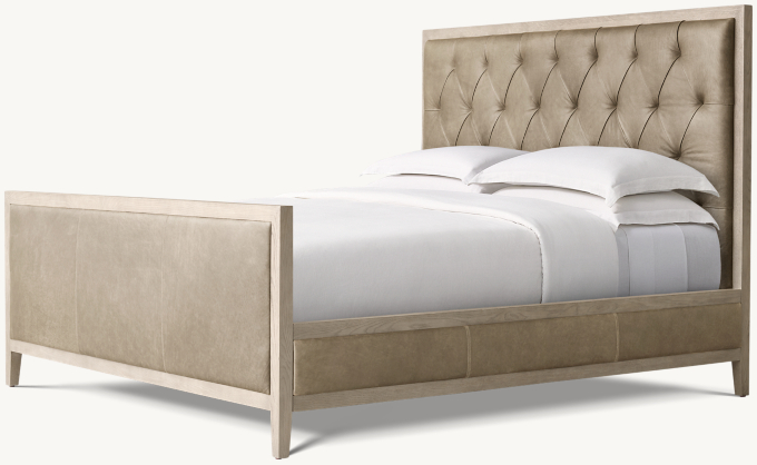 French Contemporary Leather Diamond-Tufted Panel Bed with Footboard