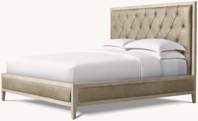 French Contemporary Leather Diamond-Tufted Panel Bed