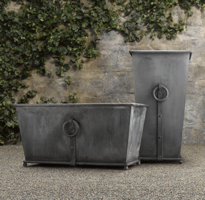 Estate Zinc Ring Square Tall &amp; Trough Planters - Weathered 