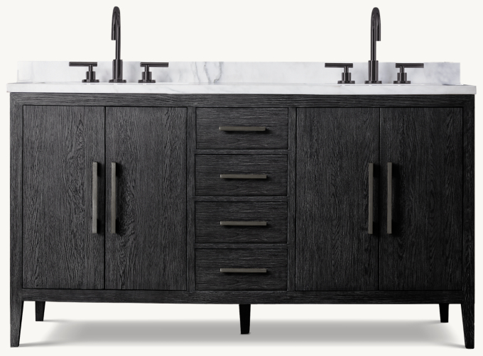 60&#34; vanity shown in Black Oak/Satin Bronze with Italian Carrara Marble countertop. Featured with Sutton Lever-Handle 8&#34; Widespread Faucet.