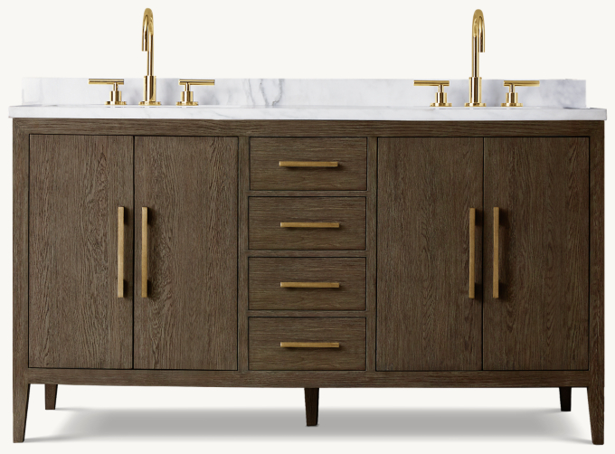 60&#34; vanity shown in Brown Oak/Satin Brass with Italian Carrara Marble countertop. Featured with Sutton Lever-Handle 8&#34; Widespread Faucet.