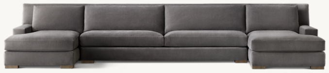 Shown in Graphite Lustrous Velvet with Brushed Grey Oak finish; sectional consists of 1 left-arm chaise, 1 armless sofa and 1 right-arm chaise. Cushion configuration may vary by component.