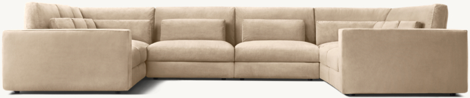 Shown in Sand Performance Velvet; sectional consists of 1 left-arm chair, 2 corner chairs, 4 armless chairs and 1 right-arm chair. Cushion configuration varies by component.