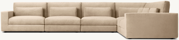 Shown in Sand Performance Velvet; sectional consists of 1 left-arm chair, 1 corner chair, 3 armless chairs and 1 right-arm chair. Cushion configuration varies by component.