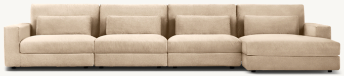 Shown in Sand Performance Velvet; sectional consists of 1 left-arm chair, 2 armless chairs, 1 right-arm chair and 1 end-of-sectional ottoman. Cushion configuration varies by component.