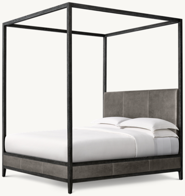 French Contemporary Leather Panel Canopy Bed
