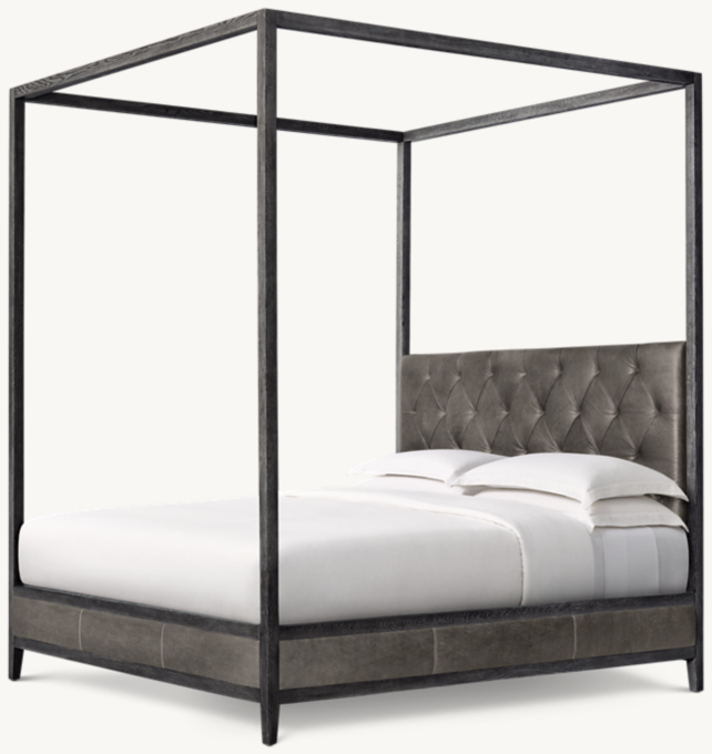 French Contemporary Leather Diamond-Tufted Panel Canopy Bed
