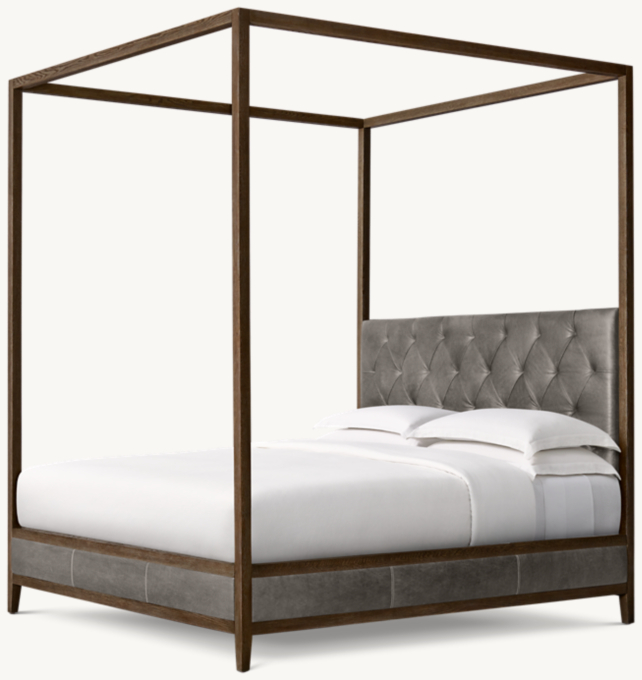 French Contemporary Leather Diamond-Tufted Panel Canopy Bed