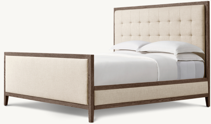 French Contemporary Fabric Box-Tufted Panel Bed with Footboard