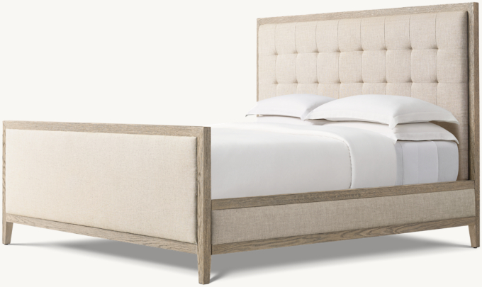 French Contemporary Fabric Box-Tufted Panel Bed with Footboard