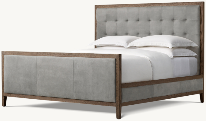 French Contemporary Leather Box-Tufted Panel Bed with Footboard