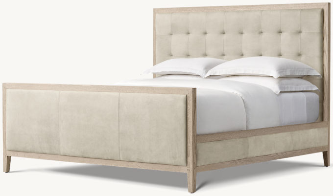 French Contemporary Leather Box-Tufted Panel Bed with Footboard
