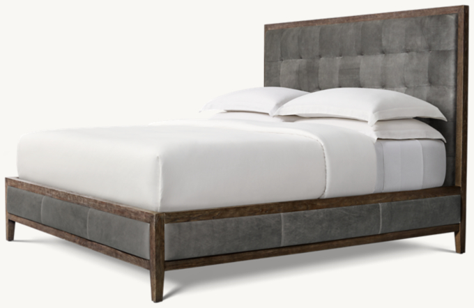 French Contemporary Leather Box-Tufted Panel Bed