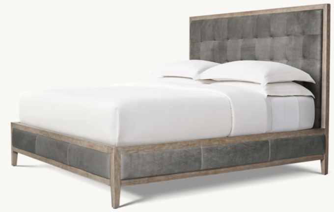 French Contemporary Leather Box-Tufted Panel Bed
