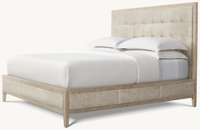 French Contemporary Leather Box-Tufted Panel Bed