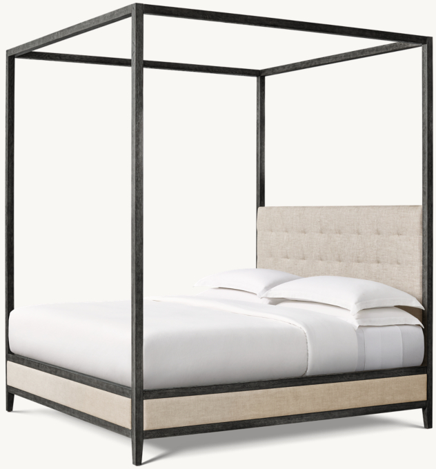 French Contemporary Fabric Box-Tufted Panel Canopy Bed
