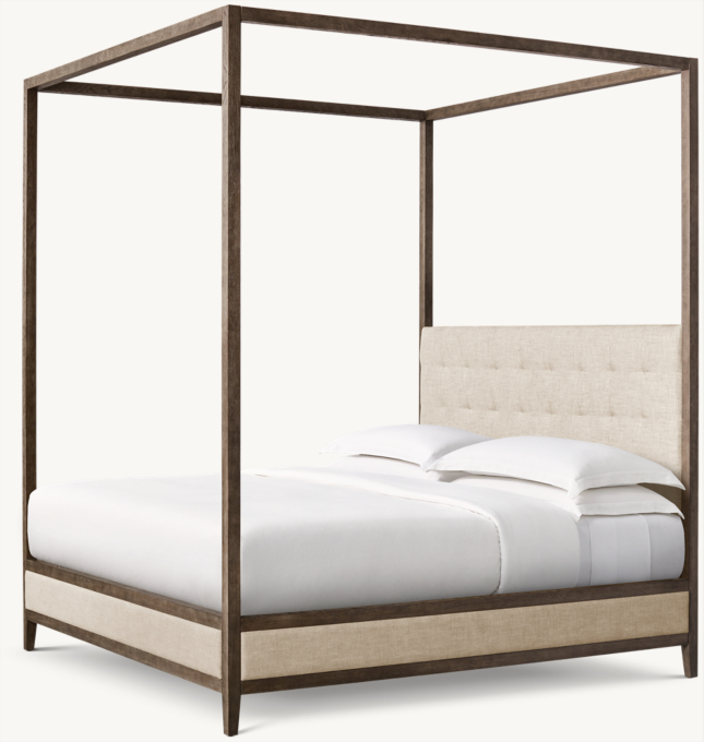 French Contemporary Fabric Box-Tufted Panel Canopy Bed