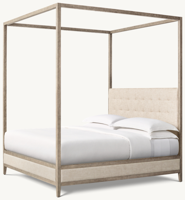 French Contemporary Fabric Box-Tufted Panel Canopy Bed