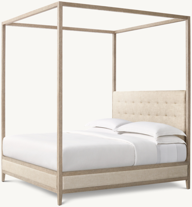 French Contemporary Fabric Box-Tufted Panel Canopy Bed