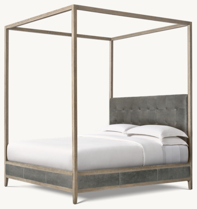 French Contemporary Leather Box-Tufted Panel Canopy Bed