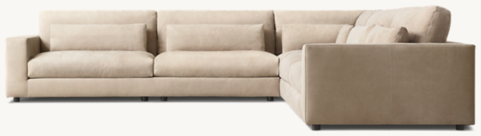 Shown in Italian Veneto Smoke; sectional consists of 1 left-arm sofa, 1 modular corner chair and 1 right-arm sofa. Cushion configuration may vary by component. 
