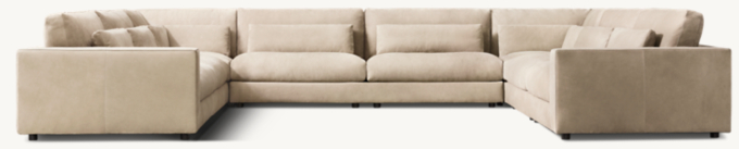 Shown in Italian Veneto Smoke; sectional consists of 1 left-arm sofa, 2 modular corner chairs, 1 armless sofa and 1 right-arm sofa. Cushion configuration may vary by component. 