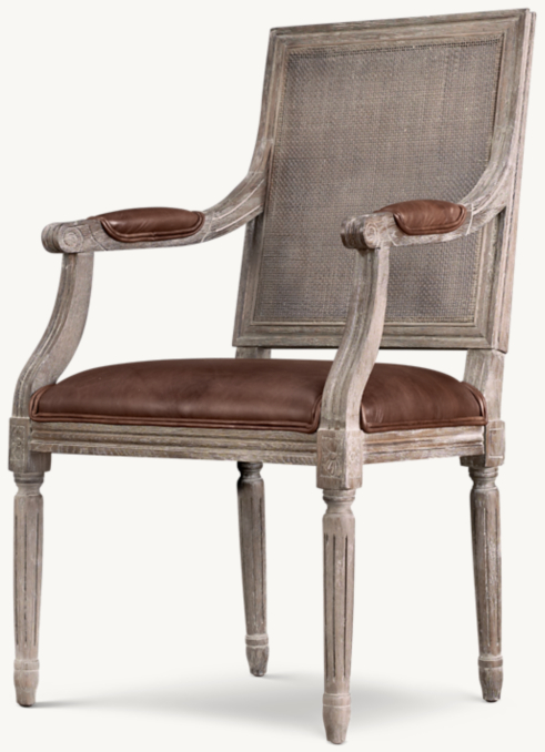 Three Quarter view of Vintage French Square Cane Back Leather Dining Armchair 