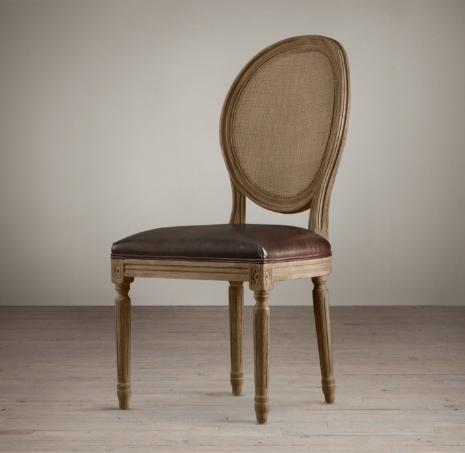 Vintage French Round Cane Back Leather Dining Side Chair