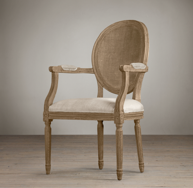 Vintage French Round Cane Back Fabric Armchair