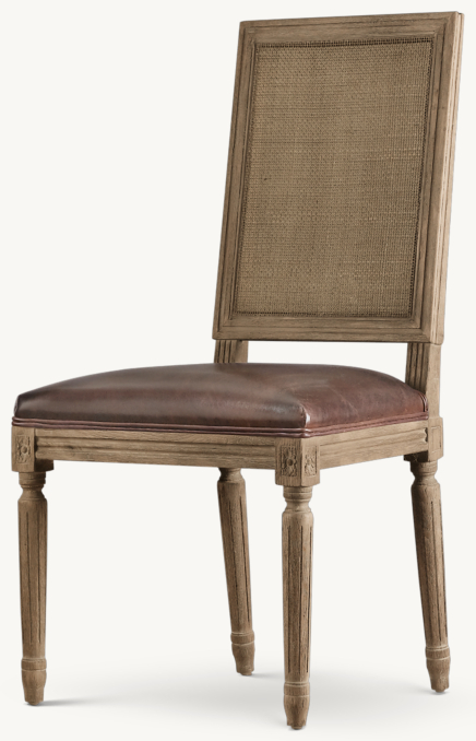 Vintage French Square Cane Back Leather Dining Side Chair 