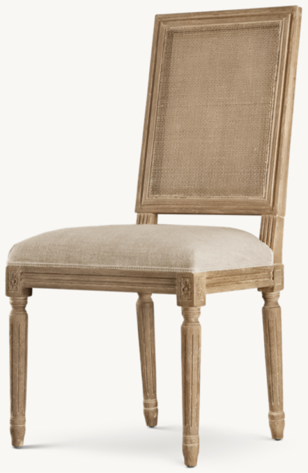 Vintage French Square Cane Back Fabric Dining Side Chair 