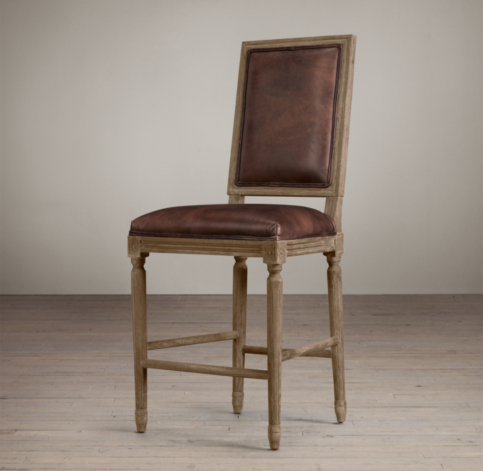 Vintage French Square Leather Counter Stool