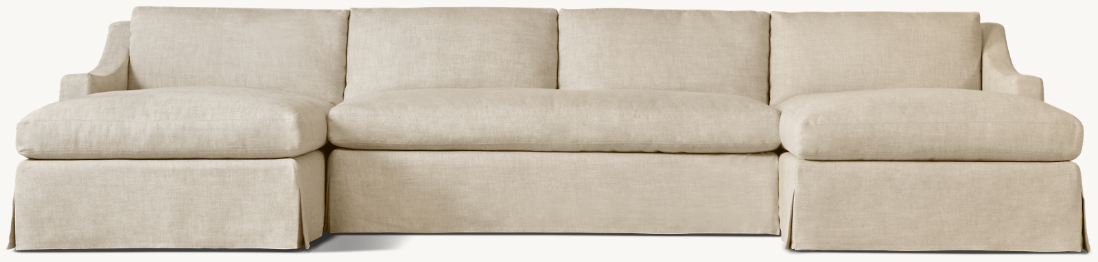 Shown in Sand Belgian Linen; sectional consists of 1 left-arm chaise, 1 armless sofa and 1 right-arm chaise. Cushion configuration may vary by component.