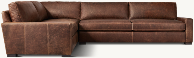 Shown in Italian Berkshire Cocoa; sectional consists of 1 left-arm return sofa and 1 right-arm sofa. Cushion configuration varies by frame size.