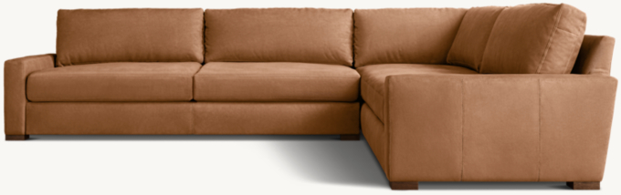 Shown in Italian Berkshire Cocoa with Brown Oak finish; sectional consists of 1 left-arm sofa and 1 right-arm return sofa. Cushion configuration may vary by component.