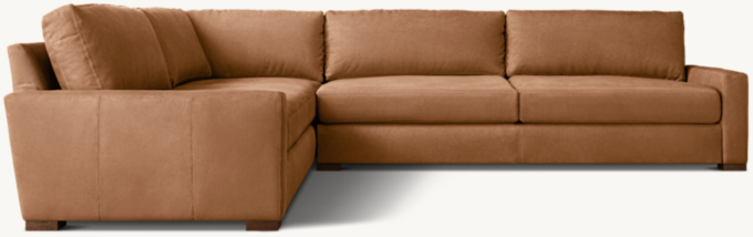 Shown in Italian Berkshire Cocoa with Brown Oak finish; sectional consists of 1 left-arm return sofa and 1 right-arm sofa. Cushion configuration varies by frame size.