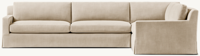 Shown in Sand Belgian Linen; sectional consists of 1 right-arm return sofa and 1 left-arm sofa. Cushion configuration varies by component.