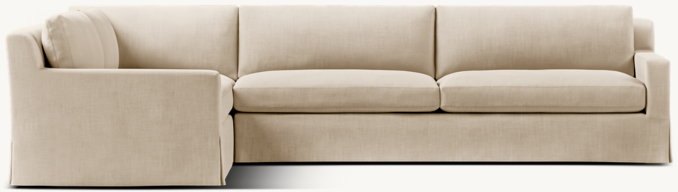 Shown in Sand Belgian Linen; sectional consists of 1 left-arm return sofa and 1 right-arm sofa. Cushion configuration varies by component. 