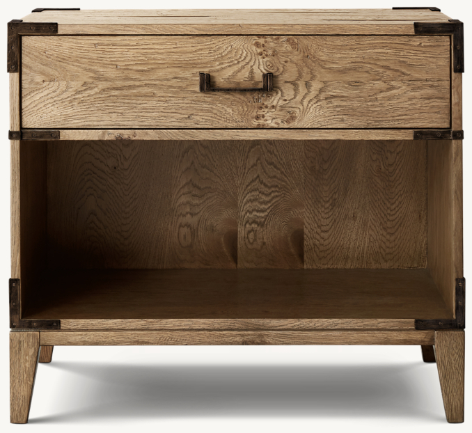 Front view of Cayden Campaign Open Nightstand With Corner Brackets 
