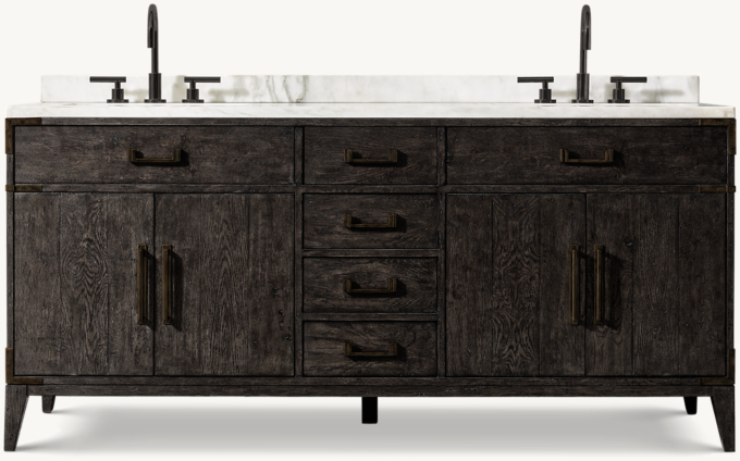 Shown in Waxed Black Oak/Bronze with Italian Calacatta Marble countertop. Featured with Lambeth Smooth Lever-Handle 8&#34; Widespread Gooseneck Faucet.